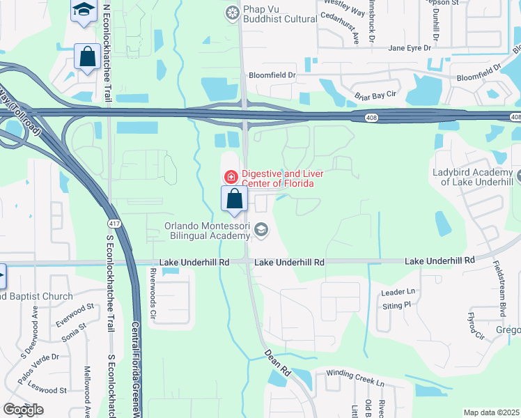 map of restaurants, bars, coffee shops, grocery stores, and more near 10190 Regent Park Drive in Orlando