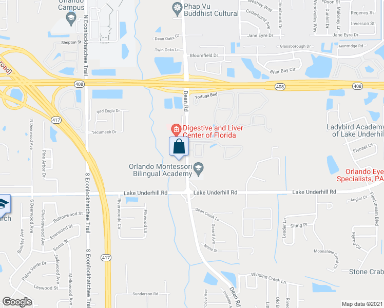 map of restaurants, bars, coffee shops, grocery stores, and more near 34 South Dean Road in Orlando