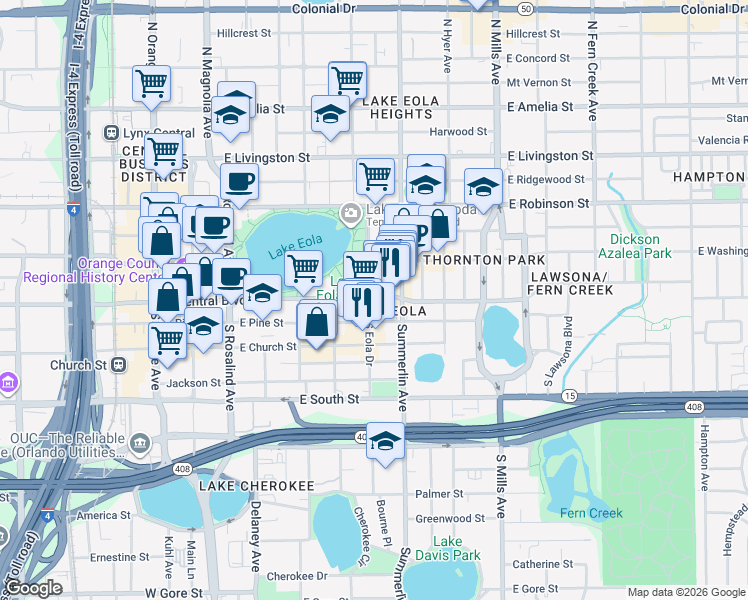 map of restaurants, bars, coffee shops, grocery stores, and more near 622 East Central Boulevard in Orlando