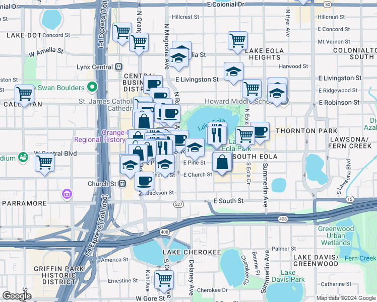 map of restaurants, bars, coffee shops, grocery stores, and more near in Orlando