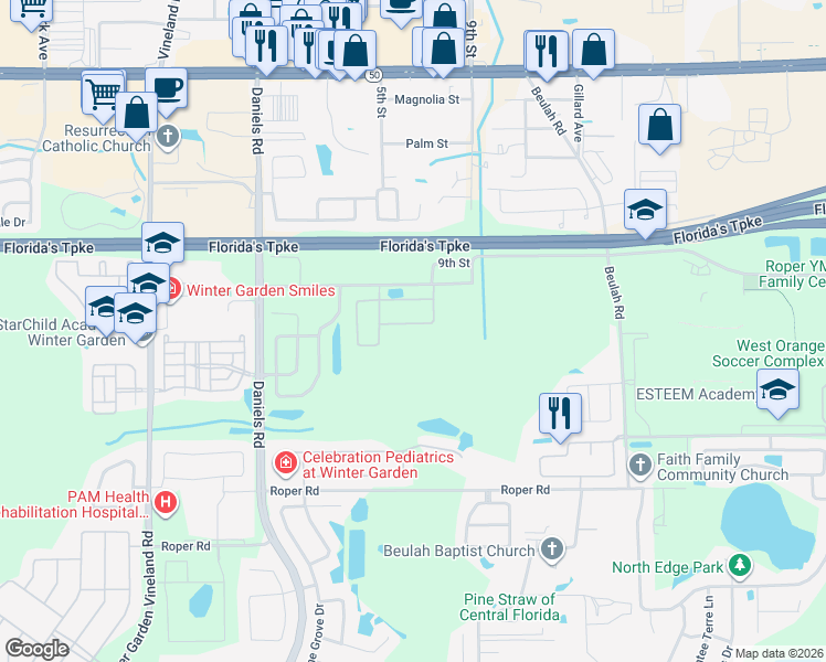 map of restaurants, bars, coffee shops, grocery stores, and more near 432 Wrangler Road in Winter Garden