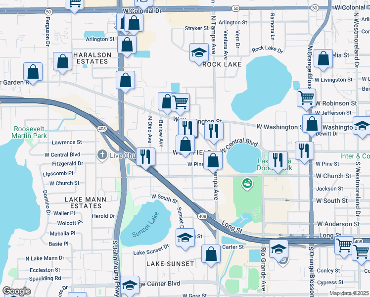 map of restaurants, bars, coffee shops, grocery stores, and more near 2115 West Central Boulevard in Orlando