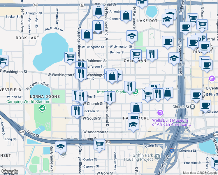 map of restaurants, bars, coffee shops, grocery stores, and more near 925 West Central Boulevard in Orlando