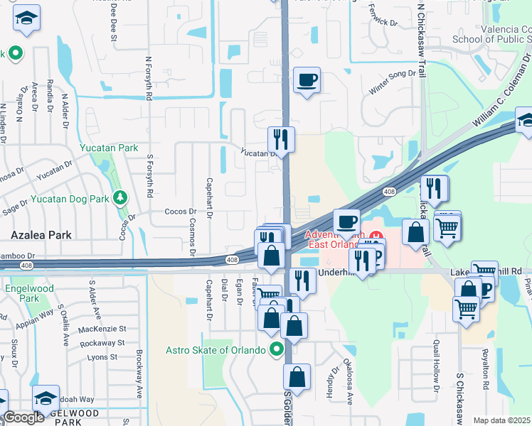 map of restaurants, bars, coffee shops, grocery stores, and more near 200 South Goldenrod Road in Orlando