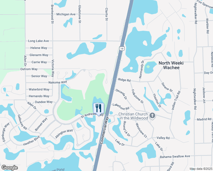 map of restaurants, bars, coffee shops, grocery stores, and more near 9470 Nakoma Way in Weeki Wachee