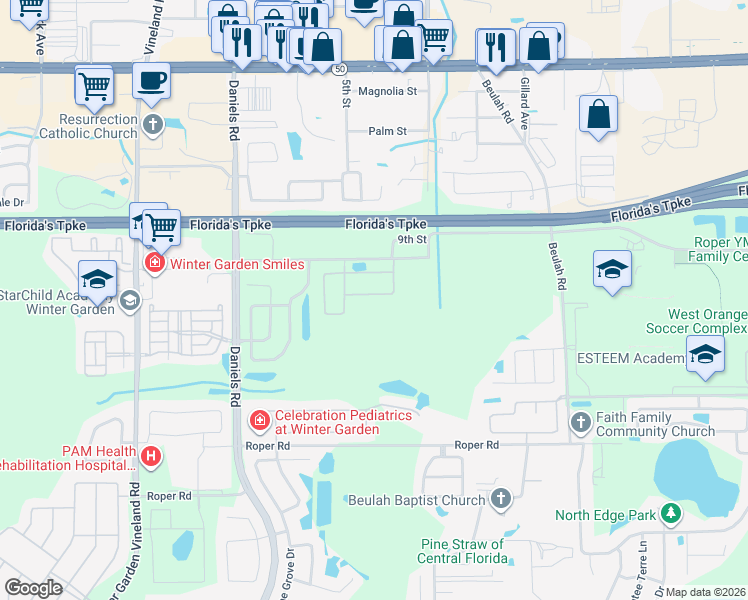 map of restaurants, bars, coffee shops, grocery stores, and more near 432 Wrangler Road in Winter Garden