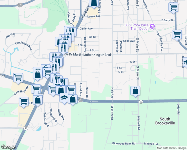map of restaurants, bars, coffee shops, grocery stores, and more near 1008 South Mildred Avenue in Brooksville