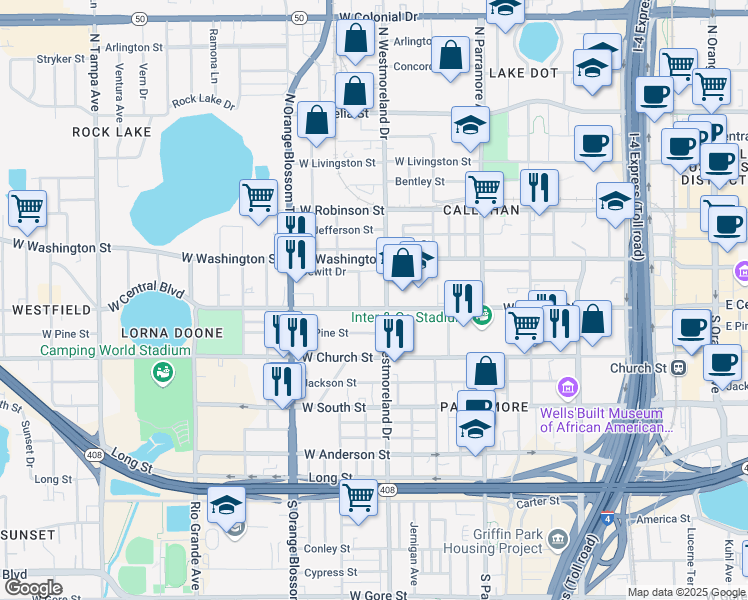map of restaurants, bars, coffee shops, grocery stores, and more near 925 West Central Boulevard in Orlando