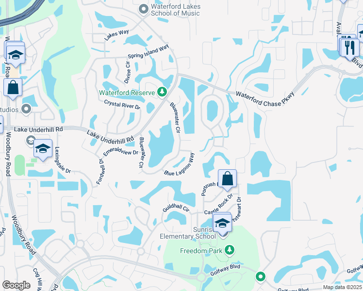map of restaurants, bars, coffee shops, grocery stores, and more near 13761 Bluewater Circle in Orlando