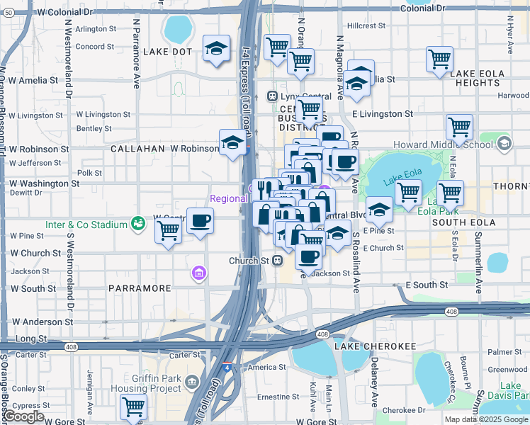 map of restaurants, bars, coffee shops, grocery stores, and more near 123 West Pine Street in Orlando