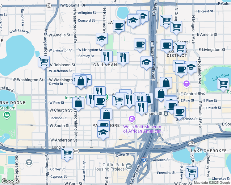 map of restaurants, bars, coffee shops, grocery stores, and more near in Orlando