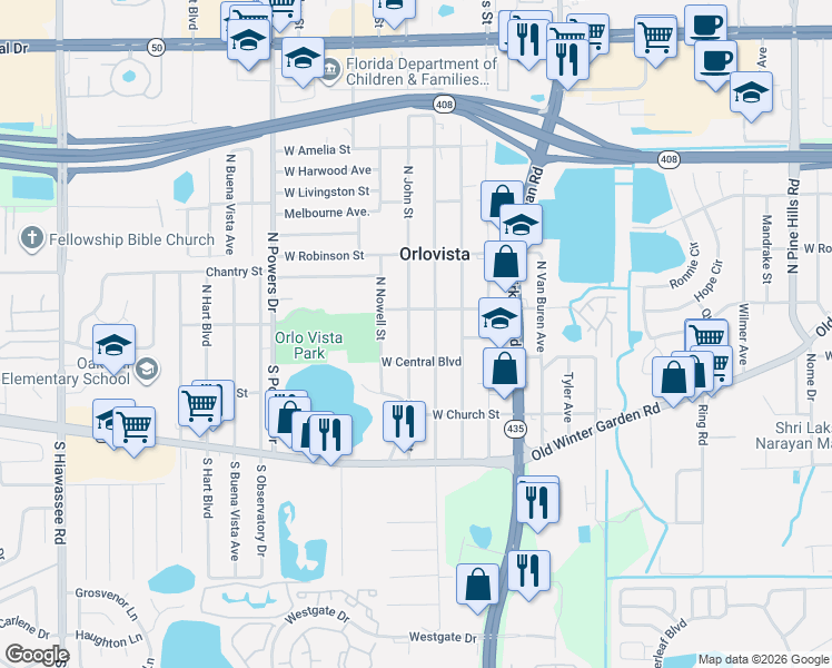 map of restaurants, bars, coffee shops, grocery stores, and more near 17 North John Street in Orlando