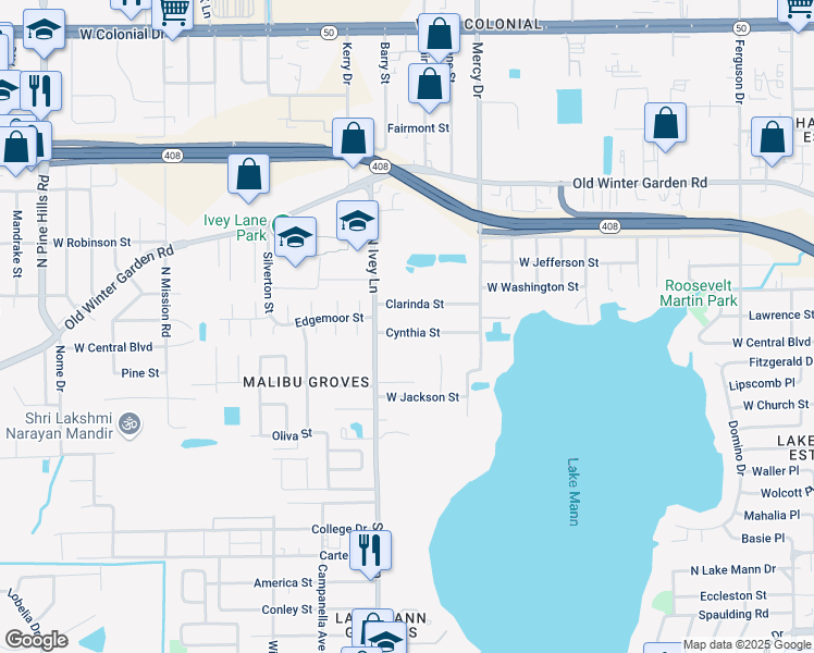 map of restaurants, bars, coffee shops, grocery stores, and more near 4333 Cynthia Street in Orlando