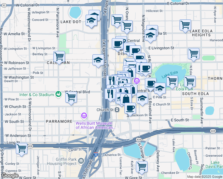 map of restaurants, bars, coffee shops, grocery stores, and more near 123 West Pine Street in Orlando