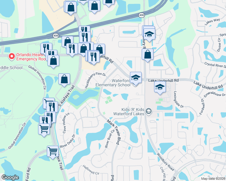 map of restaurants, bars, coffee shops, grocery stores, and more near 243 Rapscallion Court in Orlando