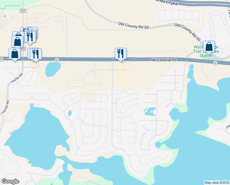 map of restaurants, bars, coffee shops, grocery stores, and more near 17241 Martinique Court in Winter Garden