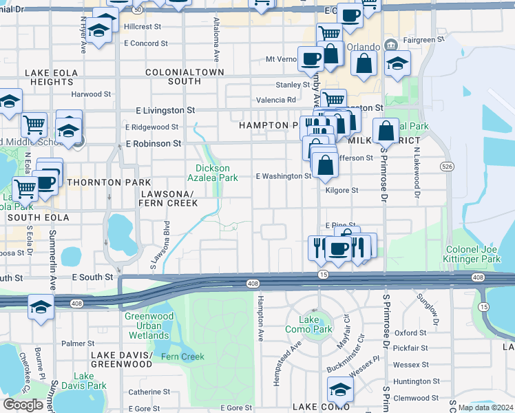 map of restaurants, bars, coffee shops, grocery stores, and more near 2010 East Central Boulevard in Orlando