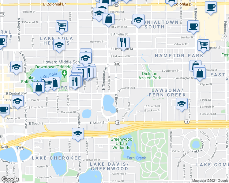 map of restaurants, bars, coffee shops, grocery stores, and more near 11 South Brown Avenue in Orlando