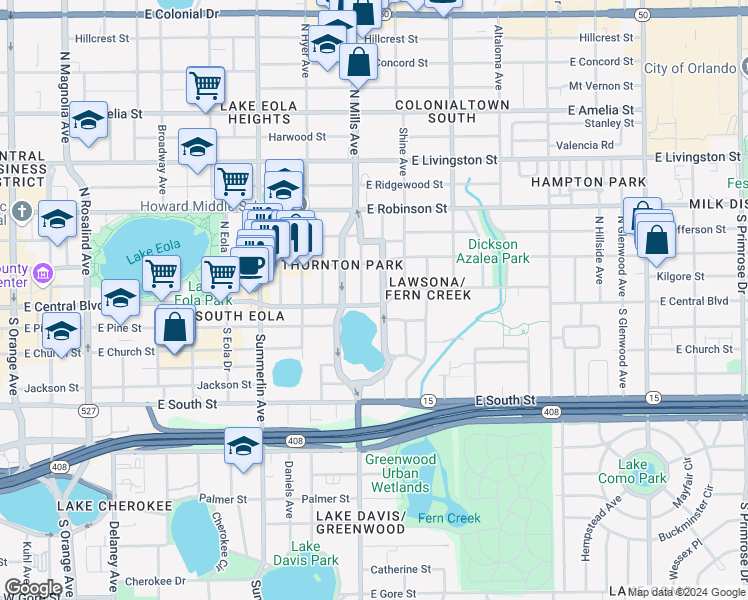 map of restaurants, bars, coffee shops, grocery stores, and more near 11 South Brown Avenue in Orlando