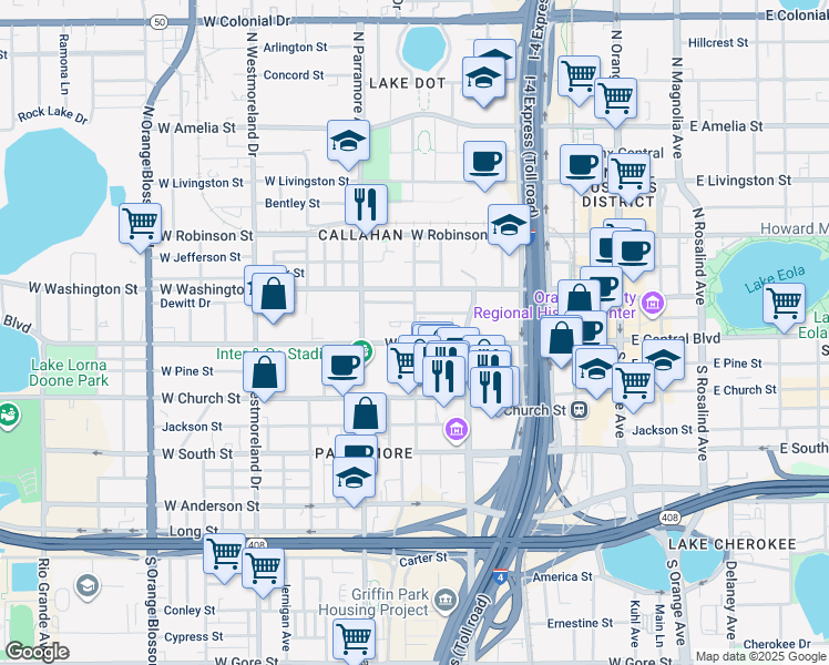 map of restaurants, bars, coffee shops, grocery stores, and more near in Orlando