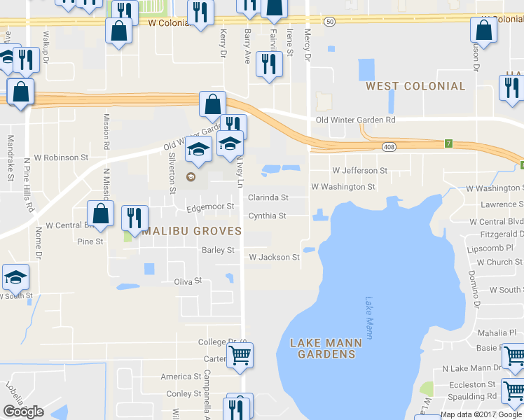 map of restaurants, bars, coffee shops, grocery stores, and more near 4344 Cynthia Street in Orlando