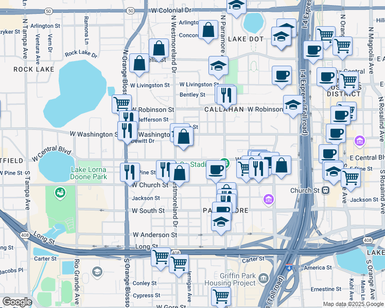 map of restaurants, bars, coffee shops, grocery stores, and more near 823 West Central Boulevard in Orlando