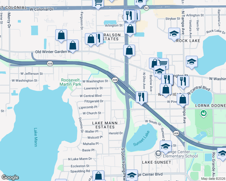 map of restaurants, bars, coffee shops, grocery stores, and more near 5 North Cottage Hill Road in Orlando