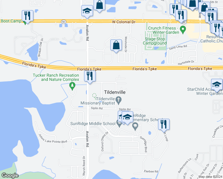 map of restaurants, bars, coffee shops, grocery stores, and more near 14819 Astrolyn Street in Winter Garden