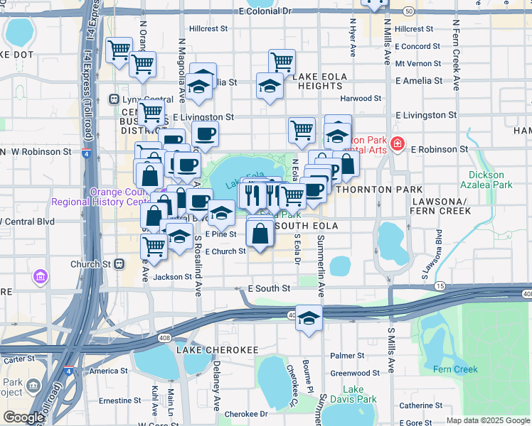 map of restaurants, bars, coffee shops, grocery stores, and more near 425 East Central Boulevard in Orlando