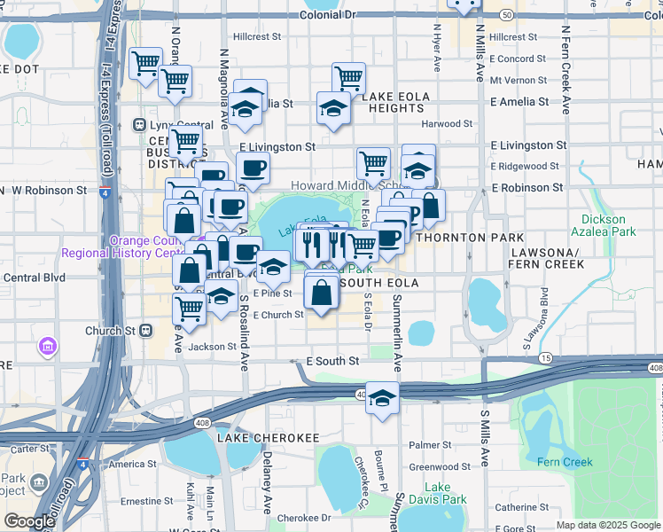 map of restaurants, bars, coffee shops, grocery stores, and more near in Orlando