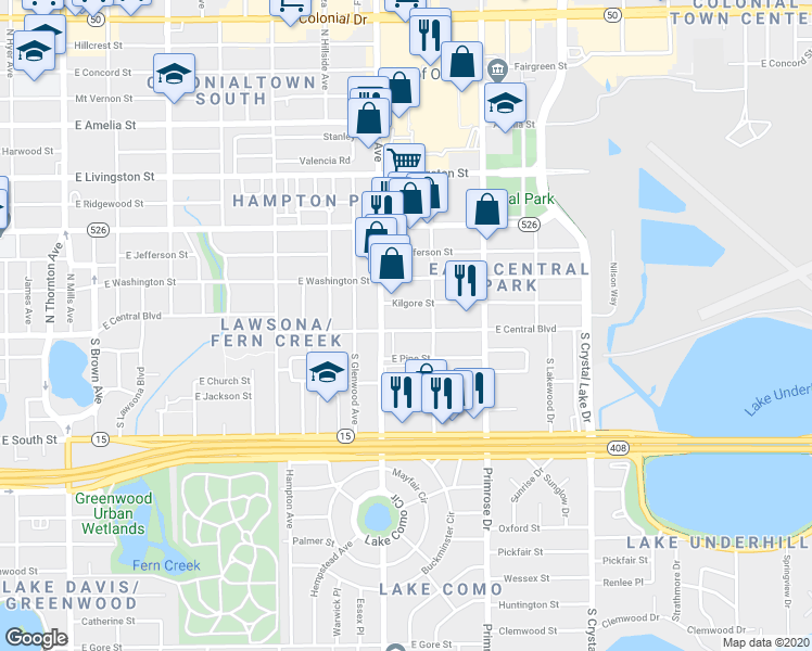map of restaurants, bars, coffee shops, grocery stores, and more near 2420 East Central Boulevard in Orlando