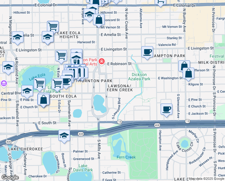 map of restaurants, bars, coffee shops, grocery stores, and more near 11 South Brown Avenue in Orlando
