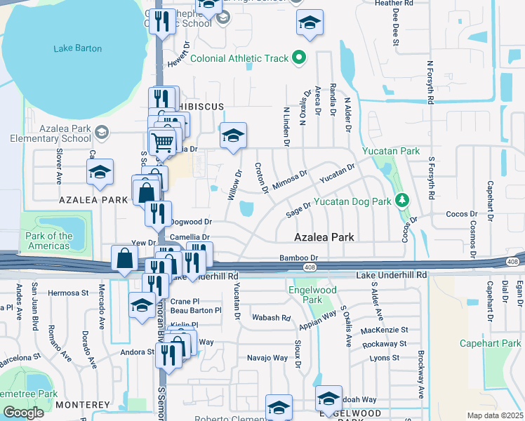 map of restaurants, bars, coffee shops, grocery stores, and more near 5900 Yucatan Drive in Orlando