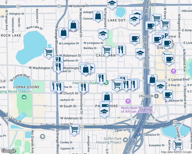 map of restaurants, bars, coffee shops, grocery stores, and more near 823 West Central Boulevard in Orlando