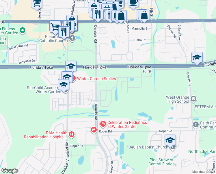 map of restaurants, bars, coffee shops, grocery stores, and more near 151 Doe Run Drive in Winter Garden