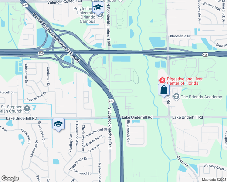 map of restaurants, bars, coffee shops, grocery stores, and more near 113 South Econlockhatchee Trail in Orlando