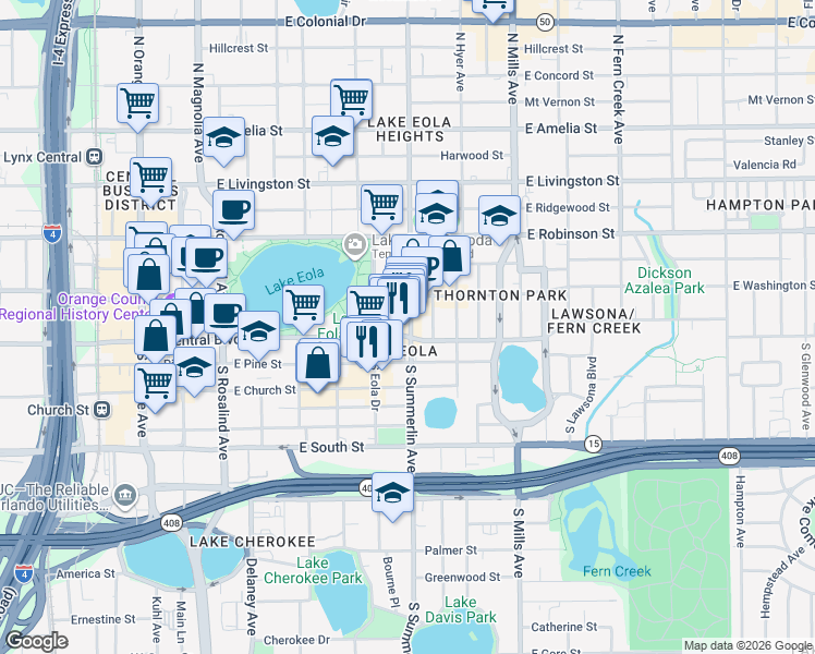 map of restaurants, bars, coffee shops, grocery stores, and more near in Orlando