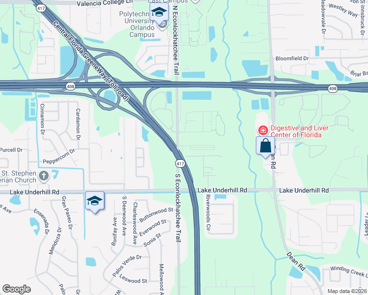 map of restaurants, bars, coffee shops, grocery stores, and more near 113 South Econlockhatchee Trail in Orlando