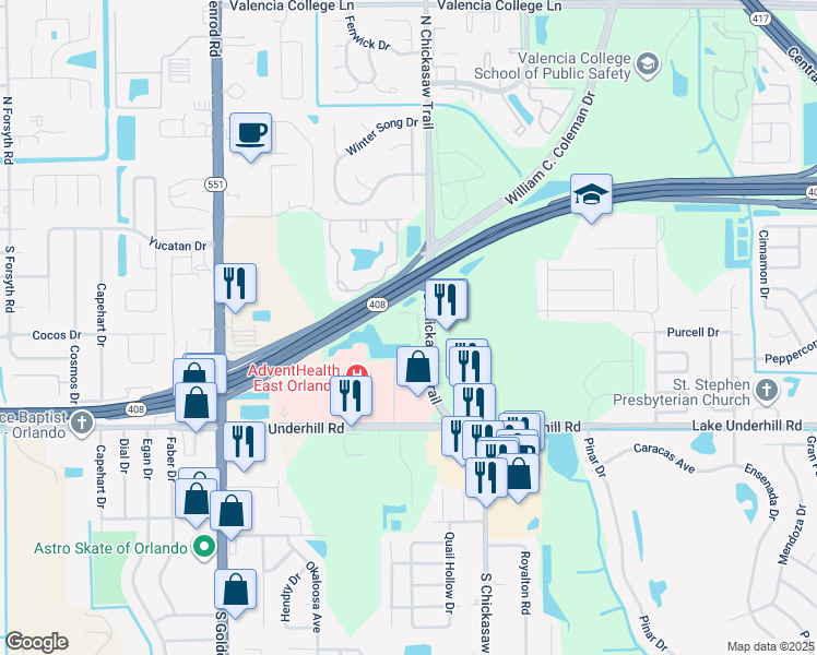 map of restaurants, bars, coffee shops, grocery stores, and more near 250 South Chickasaw Trail in Orlando