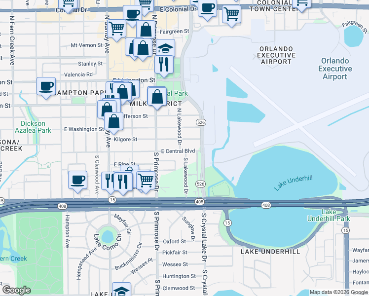 map of restaurants, bars, coffee shops, grocery stores, and more near 5 South Lakewood Drive in Orlando