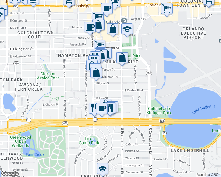 map of restaurants, bars, coffee shops, grocery stores, and more near 2604 East Central Boulevard in Orlando