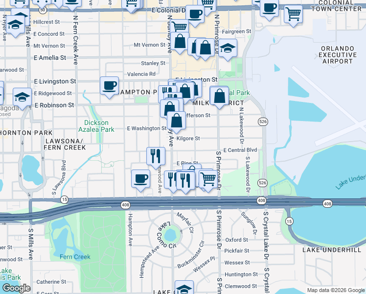 map of restaurants, bars, coffee shops, grocery stores, and more near 2420 East Central Boulevard in Orlando