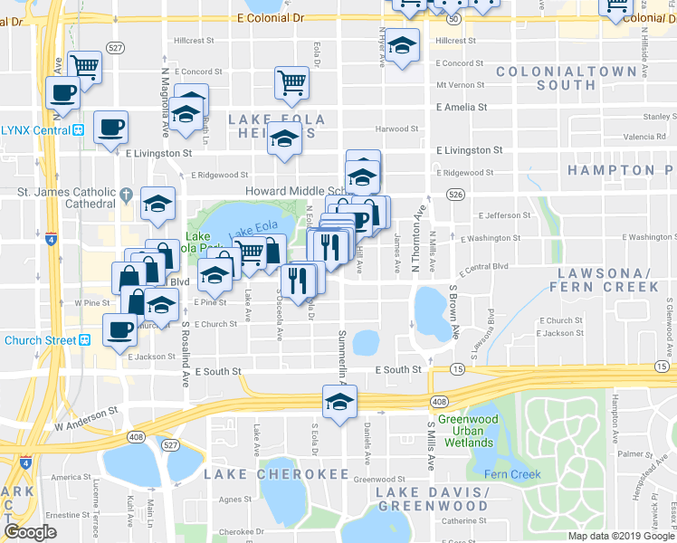 map of restaurants, bars, coffee shops, grocery stores, and more near in Orlando