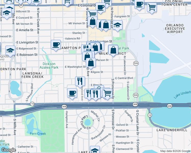 map of restaurants, bars, coffee shops, grocery stores, and more near 2505 East Central Boulevard in Orlando