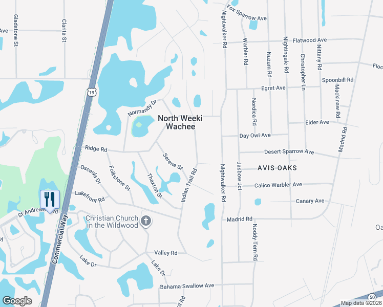 map of restaurants, bars, coffee shops, grocery stores, and more near 8045 Indian Trail Road in Weeki Wachee