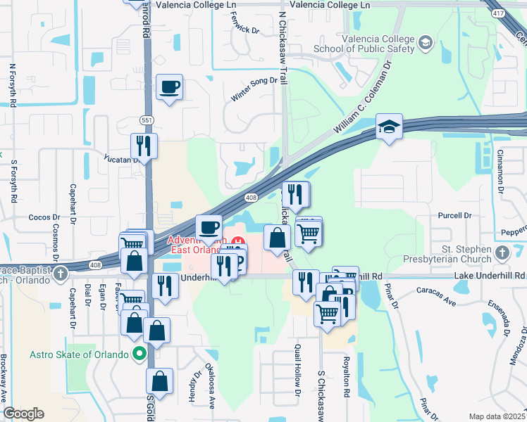 map of restaurants, bars, coffee shops, grocery stores, and more near 250 South Chickasaw Trail in Orlando
