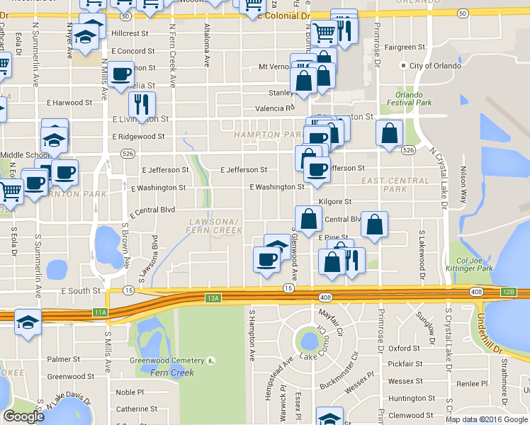 map of restaurants, bars, coffee shops, grocery stores, and more near 2116 East Central Boulevard in Orlando
