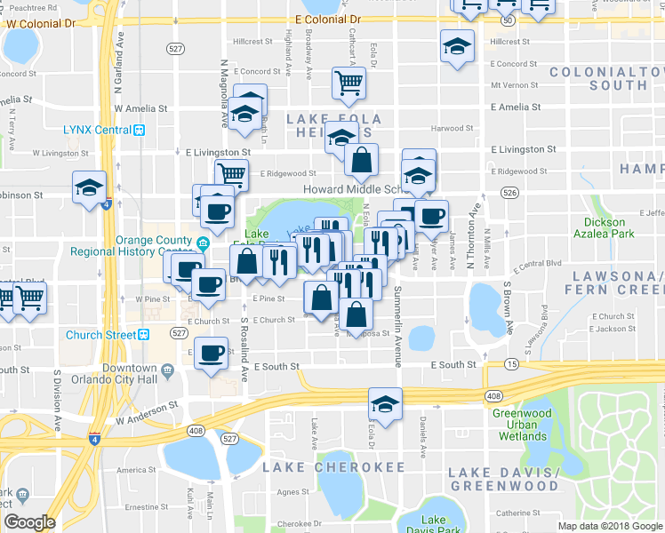map of restaurants, bars, coffee shops, grocery stores, and more near in Orlando