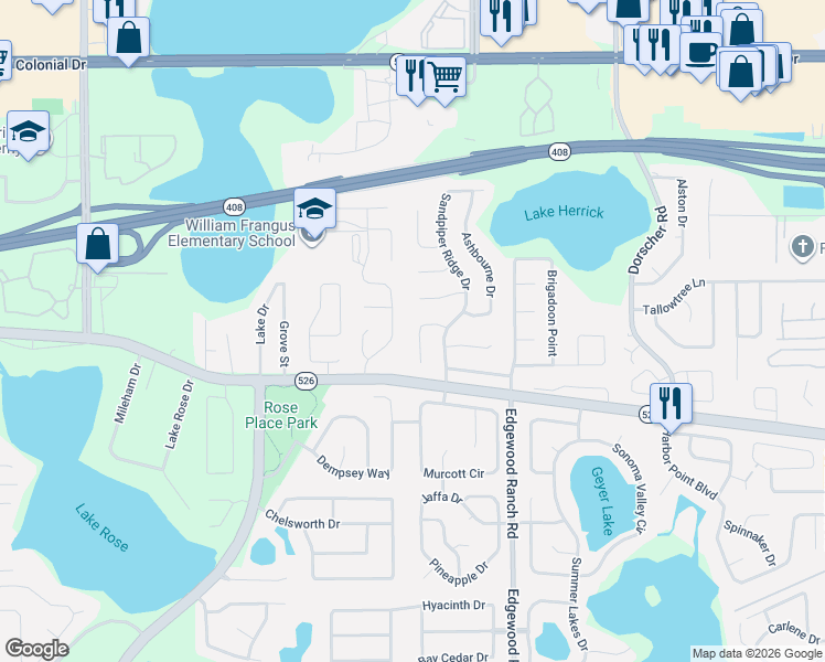 map of restaurants, bars, coffee shops, grocery stores, and more near 124 Cranfield Court in Orlando