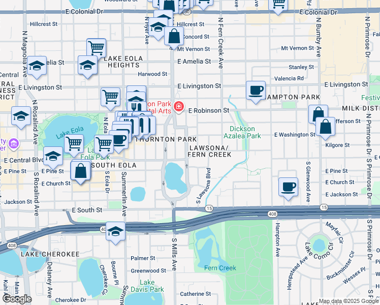 map of restaurants, bars, coffee shops, grocery stores, and more near 1303 East Central Boulevard in Orlando
